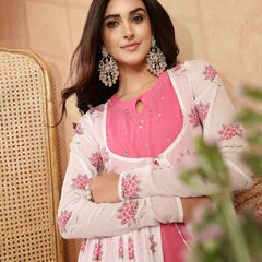 Gulmohar Jaipur Cotton Calf Length Printed 3/4 Sleeves Round Neck Flared Kurta