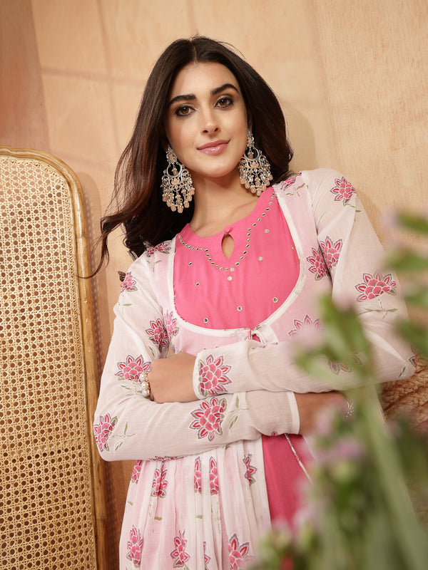Gulmohar Jaipur Cotton Calf Length Printed 3/4 Sleeves Round Neck Flared Kurta