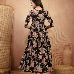 Gulmohar Jaipur Cotton Calf Length Printed 3/4 Sleeves V-Neck Flared Kurta