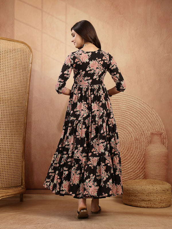 Gulmohar Jaipur Cotton Calf Length Printed 3/4 Sleeves V-Neck Flared Kurta