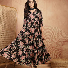 Gulmohar Jaipur Cotton Calf Length Printed 3/4 Sleeves V-Neck Flared Kurta