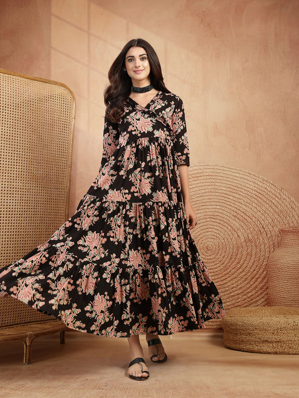 Gulmohar Jaipur Cotton Calf Length Printed 3/4 Sleeves V-Neck Flared Kurta