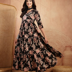 Gulmohar Jaipur Cotton Calf Length Printed 3/4 Sleeves V-Neck Flared Kurta