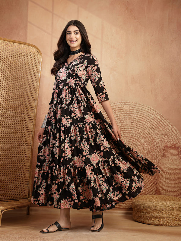 Gulmohar Jaipur Cotton Calf Length Printed 3/4 Sleeves V-Neck Flared Kurta