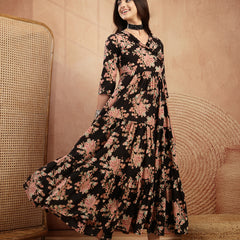 Gulmohar Jaipur Cotton Calf Length Printed 3/4 Sleeves V-Neck Flared Kurta