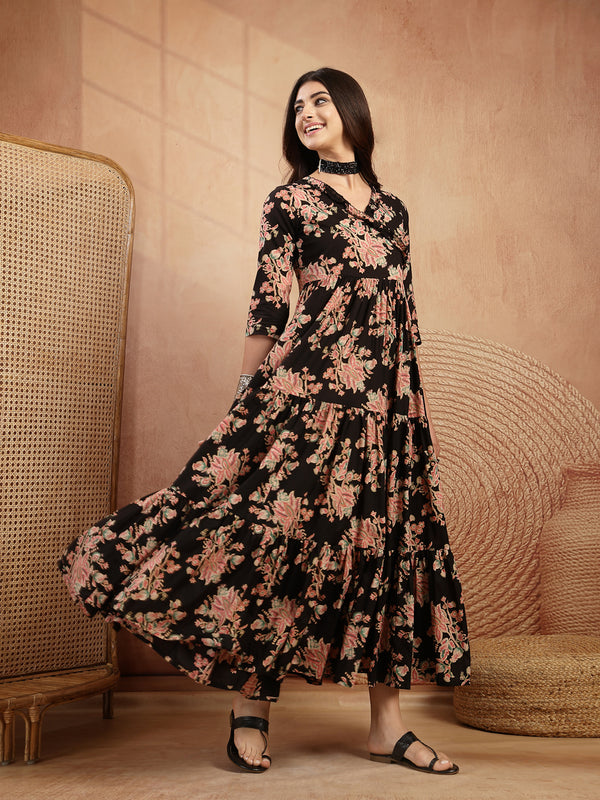 Gulmohar Jaipur Cotton Calf Length Printed 3/4 Sleeves V-Neck Flared Kurta