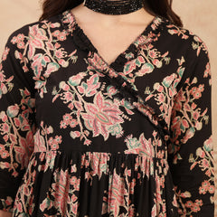 Gulmohar Jaipur Cotton Calf Length Printed 3/4 Sleeves V-Neck Flared Kurta