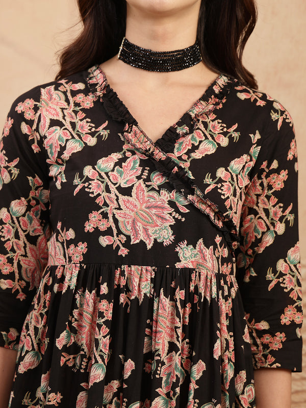 Gulmohar Jaipur Cotton Calf Length Printed 3/4 Sleeves V-Neck Flared Kurta