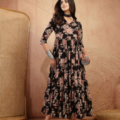 Gulmohar Jaipur Cotton Calf Length Printed 3/4 Sleeves V-Neck Flared Kurta