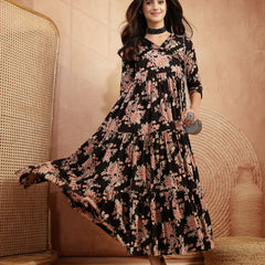 Gulmohar Jaipur Cotton Calf Length Printed 3/4 Sleeves V-Neck Flared Kurta