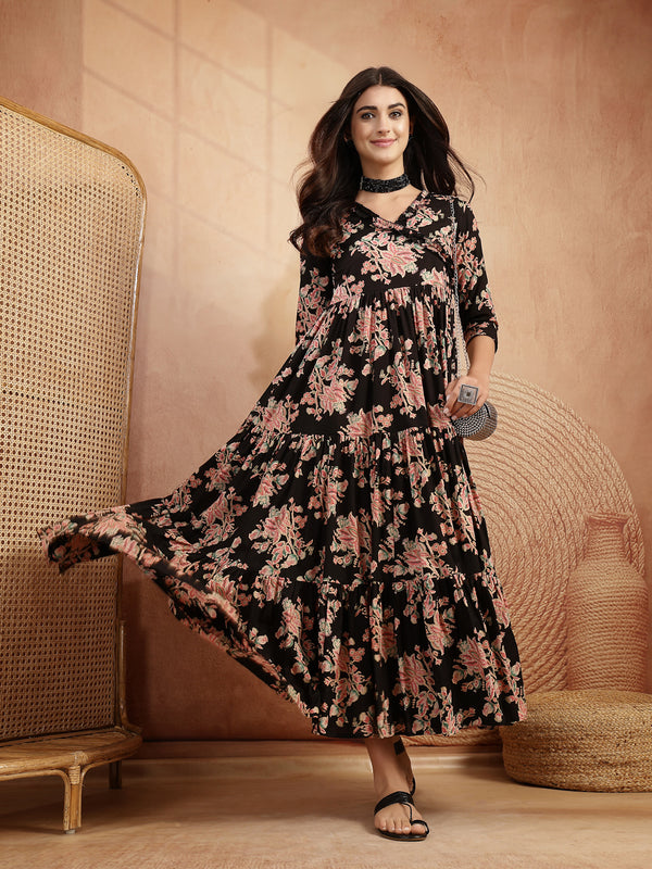 Gulmohar Jaipur Cotton Calf Length Printed 3/4 Sleeves V-Neck Flared Kurta