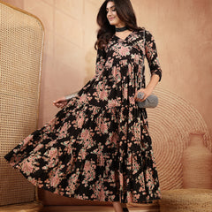 Gulmohar Jaipur Cotton Calf Length Printed 3/4 Sleeves V-Neck Flared Kurta