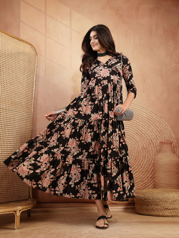 Gulmohar Jaipur Cotton Calf Length Printed 3/4 Sleeves V-Neck Flared Kurta