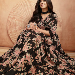 Gulmohar Jaipur Cotton Calf Length Printed 3/4 Sleeves V-Neck Flared Kurta