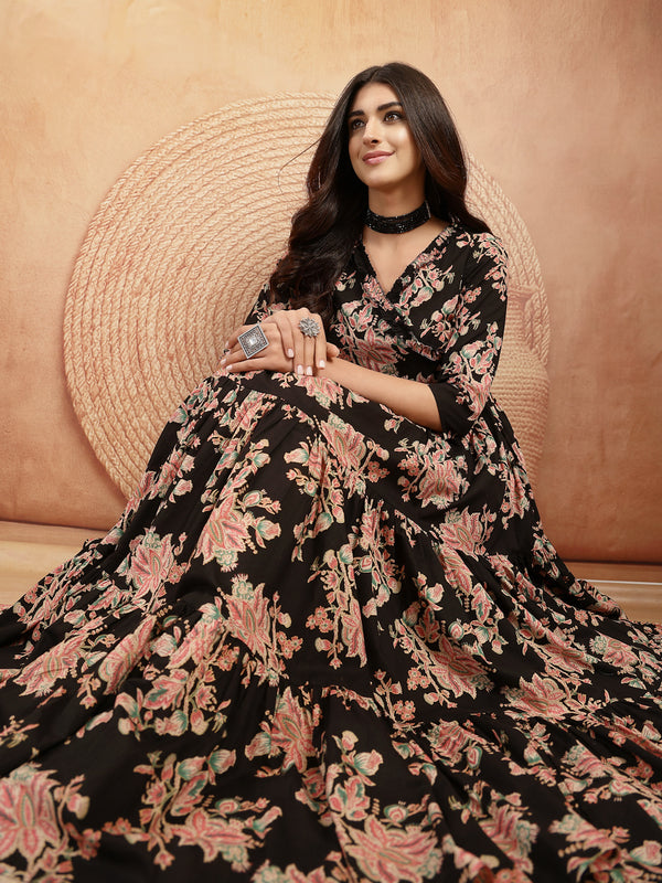 Gulmohar Jaipur Cotton Calf Length Printed 3/4 Sleeves V-Neck Flared Kurta