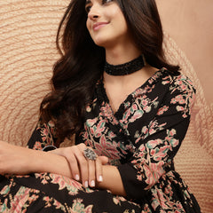 Gulmohar Jaipur Cotton Calf Length Printed 3/4 Sleeves V-Neck Flared Kurta