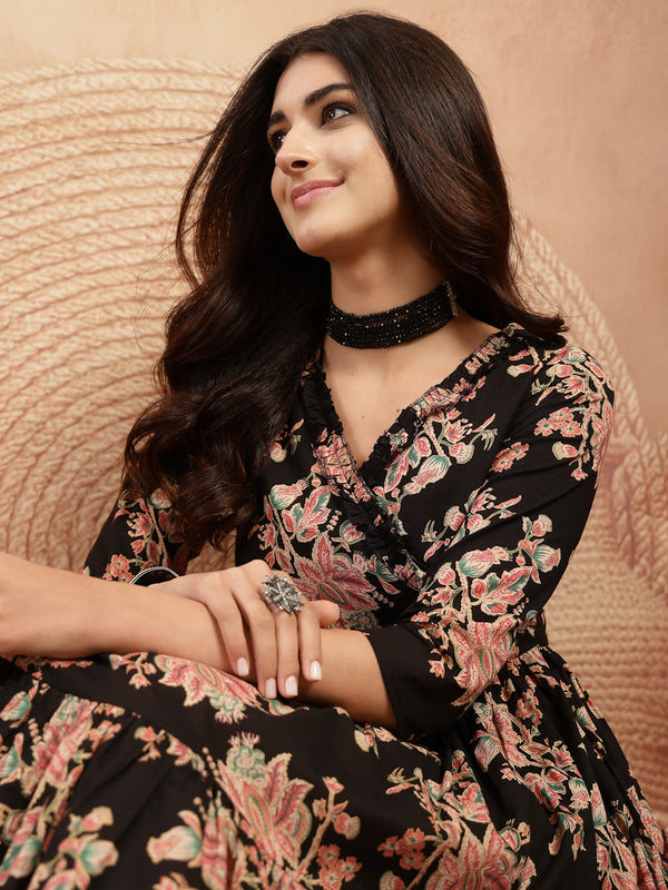 Gulmohar Jaipur Cotton Calf Length Printed 3/4 Sleeves V-Neck Flared Kurta