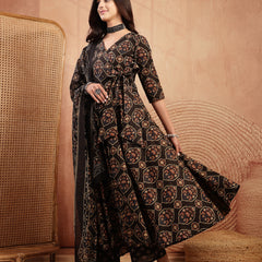 Gulmohar Jaipur Cotton Calf Length Printed 3/4 Sleeves V-Neck Anarkali Kurta Suit Set