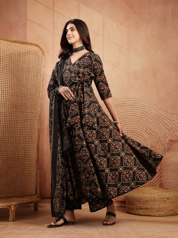 Gulmohar Jaipur Cotton Calf Length Printed 3/4 Sleeves V-Neck Anarkali Kurta Suit Set