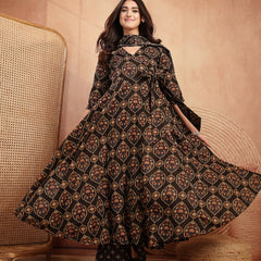 Gulmohar Jaipur Cotton Calf Length Printed 3/4 Sleeves V-Neck Anarkali Kurta Suit Set