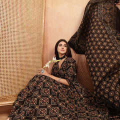 Gulmohar Jaipur Cotton Calf Length Printed 3/4 Sleeves V-Neck Anarkali Kurta Suit Set