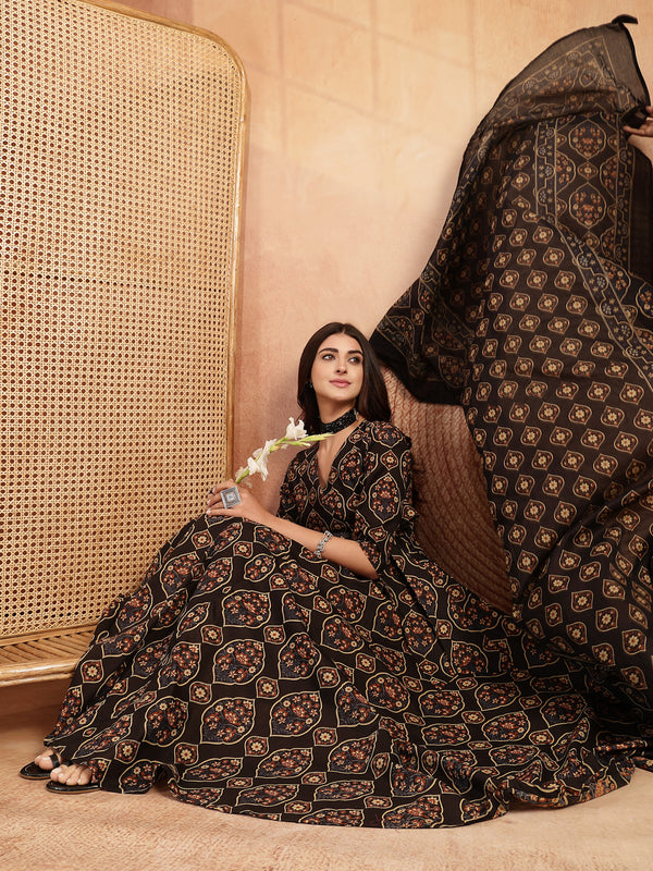 Gulmohar Jaipur Cotton Calf Length Printed 3/4 Sleeves V-Neck Anarkali Kurta Suit Set