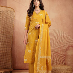 Gulmohar Jaipur Rayon Calf Length Printed 3/4 Sleeves V-Neck Straight Kurta Suit Set