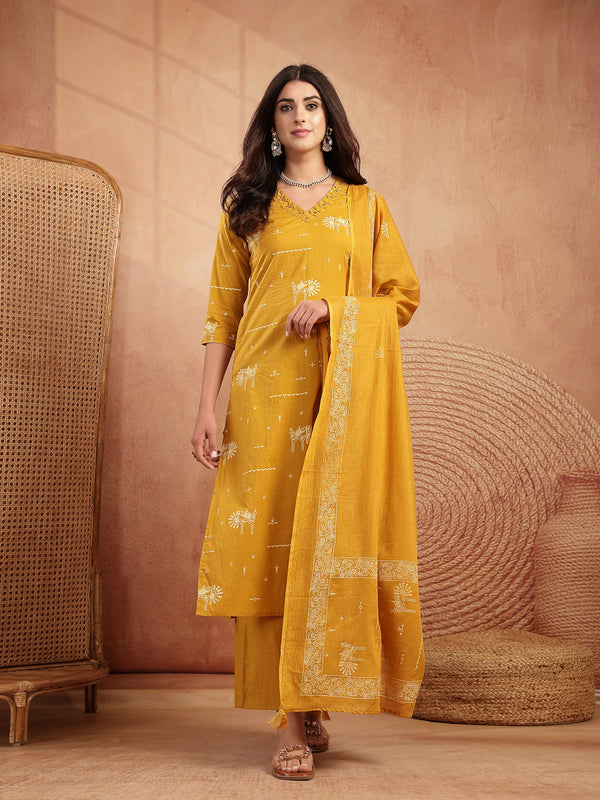 Gulmohar Jaipur Rayon Calf Length Printed 3/4 Sleeves V-Neck Straight Kurta Suit Set
