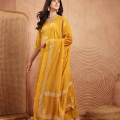 Gulmohar Jaipur Rayon Calf Length Printed 3/4 Sleeves V-Neck Straight Kurta Suit Set
