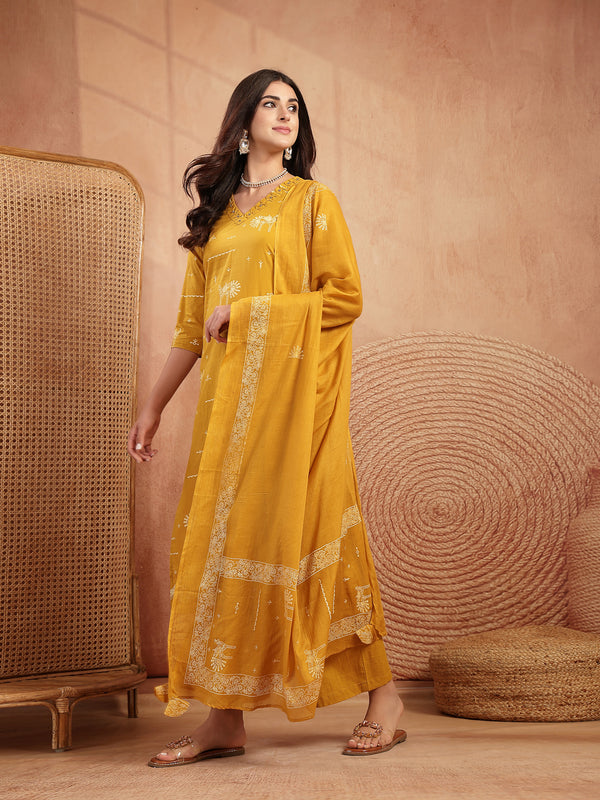 Gulmohar Jaipur Rayon Calf Length Printed 3/4 Sleeves V-Neck Straight Kurta Suit Set