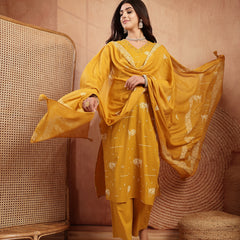 Gulmohar Jaipur Rayon Calf Length Printed 3/4 Sleeves V-Neck Straight Kurta Suit Set