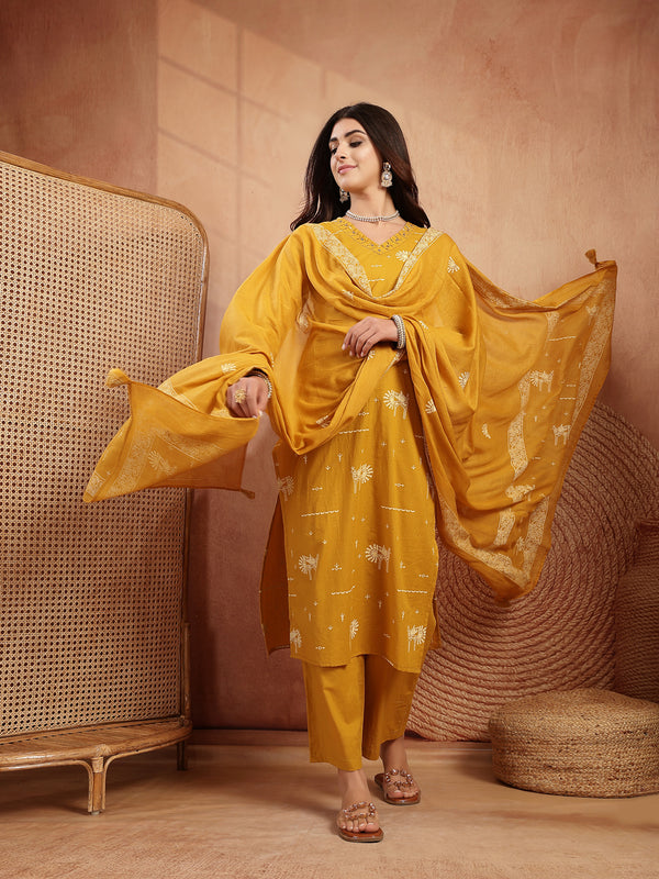 Gulmohar Jaipur Rayon Calf Length Printed 3/4 Sleeves V-Neck Straight Kurta Suit Set