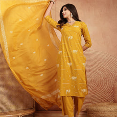 Gulmohar Jaipur Rayon Calf Length Printed 3/4 Sleeves V-Neck Straight Kurta Suit Set