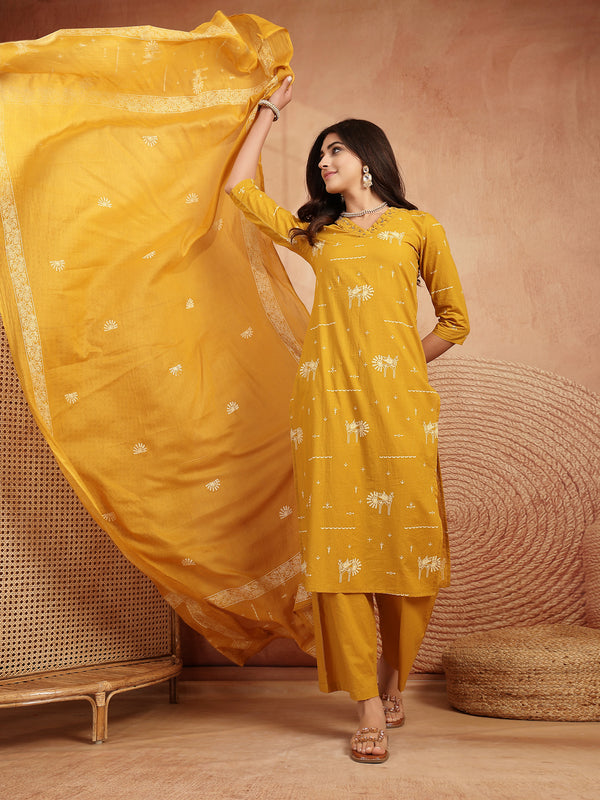 Gulmohar Jaipur Rayon Calf Length Printed 3/4 Sleeves V-Neck Straight Kurta Suit Set