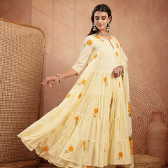 Gulmohar Jaipur Malmal Calf Length Printed 3/4 Sleeves Round Neck Anarkali Kurta Suit Set