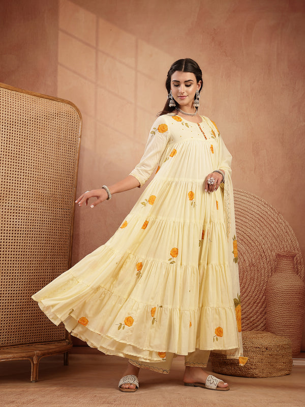 Gulmohar Jaipur Malmal Calf Length Printed 3/4 Sleeves Round Neck Anarkali Kurta Suit Set
