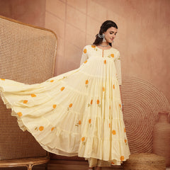 Gulmohar Jaipur Malmal Calf Length Printed 3/4 Sleeves Round Neck Anarkali Kurta Suit Set
