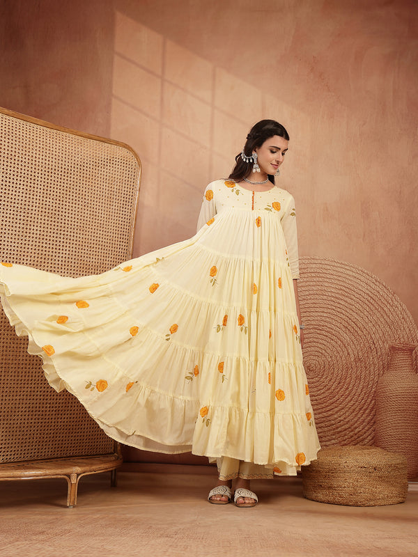 Gulmohar Jaipur Malmal Calf Length Printed 3/4 Sleeves Round Neck Anarkali Kurta Suit Set