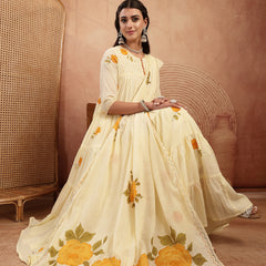 Gulmohar Jaipur Malmal Calf Length Printed 3/4 Sleeves Round Neck Anarkali Kurta Suit Set
