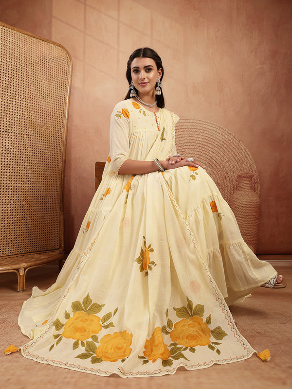 Gulmohar Jaipur Malmal Calf Length Printed 3/4 Sleeves Round Neck Anarkali Kurta Suit Set