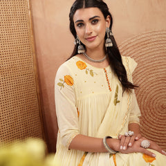 Gulmohar Jaipur Malmal Calf Length Printed 3/4 Sleeves Round Neck Anarkali Kurta Suit Set