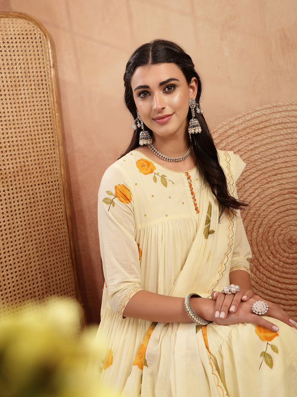 Gulmohar Jaipur Malmal Calf Length Printed 3/4 Sleeves Round Neck Anarkali Kurta Suit Set