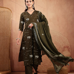 Gulmohar Jaipur Rayon Calf Length Printed 3/4 Sleeves V-Neck Straight Kurta Suit Set