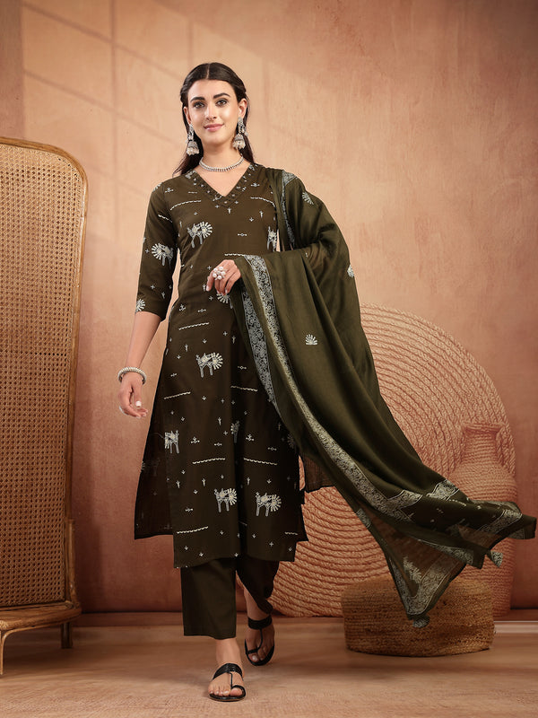 Gulmohar Jaipur Rayon Calf Length Printed 3/4 Sleeves V-Neck Straight Kurta Suit Set