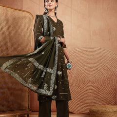 Gulmohar Jaipur Rayon Calf Length Printed 3/4 Sleeves V-Neck Straight Kurta Suit Set
