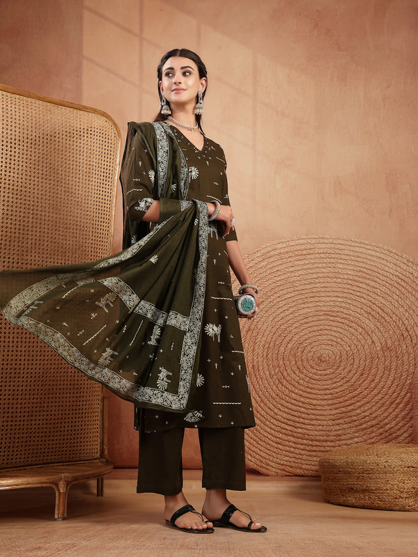 Gulmohar Jaipur Rayon Calf Length Printed 3/4 Sleeves V-Neck Straight Kurta Suit Set