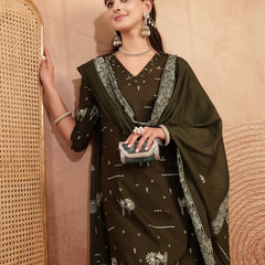Gulmohar Jaipur Rayon Calf Length Printed 3/4 Sleeves V-Neck Straight Kurta Suit Set
