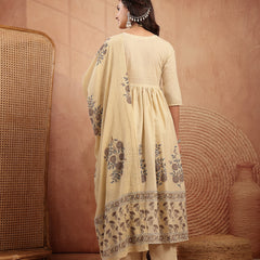 Gulmohar Jaipur Cotton Calf Length Printed 3/4 Sleeves Round Neck Flared Kurta Suit Set