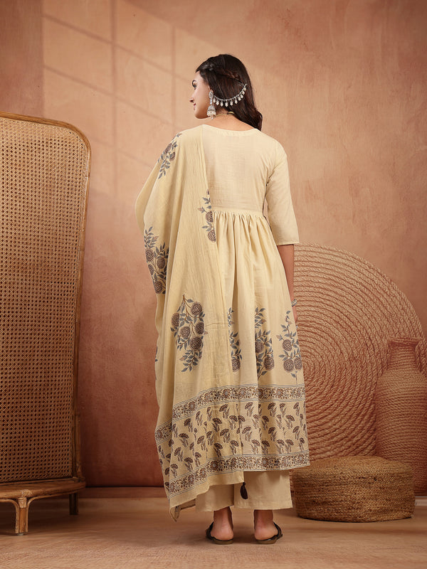 Gulmohar Jaipur Cotton Calf Length Printed 3/4 Sleeves Round Neck Flared Kurta Suit Set