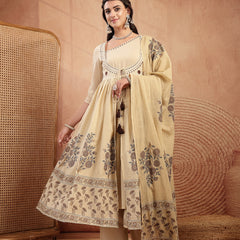 Gulmohar Jaipur Cotton Calf Length Printed 3/4 Sleeves Round Neck Flared Kurta Suit Set